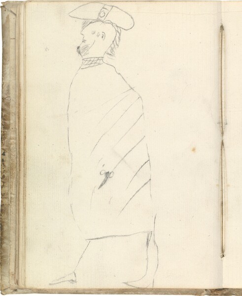 Figura barbada de perfil, con capa y gorro (atribuido a Javier Goya)
