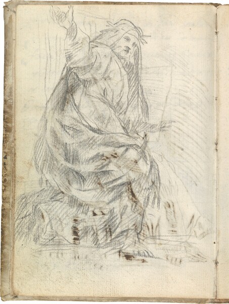 Sacerdote antiguo, semiarrodillado hacia la derecha, con los brazos extendidos y coronado de hojas
