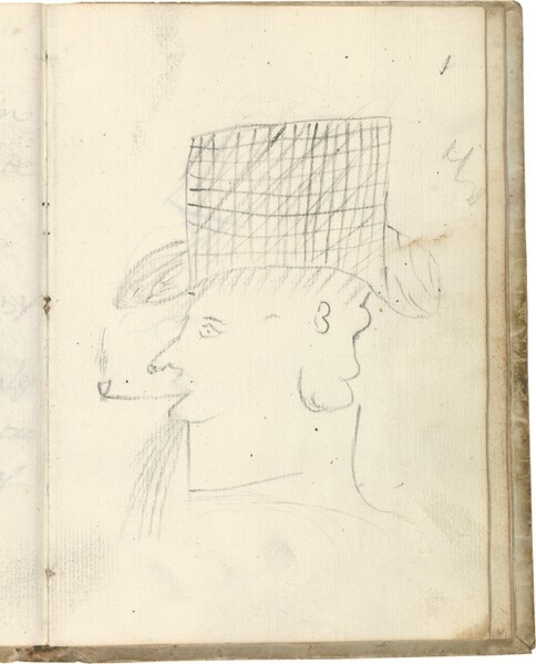 Cabeza de perfil con sombrero de copa alta, fumando en pipa (atribuido a Javier Goya)