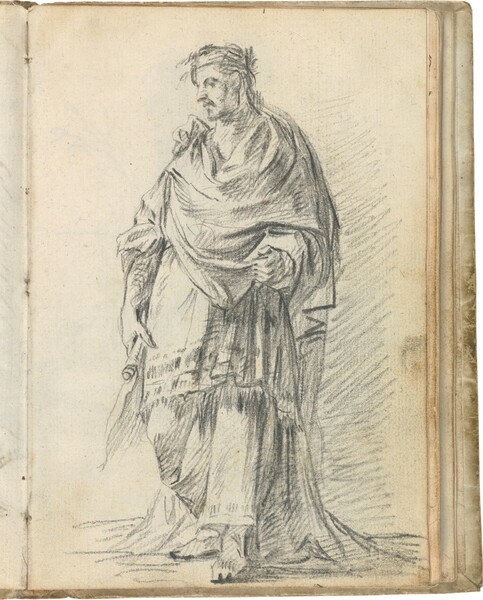 Juez romano, con un rollo en la mano derecha y coronado de laurel