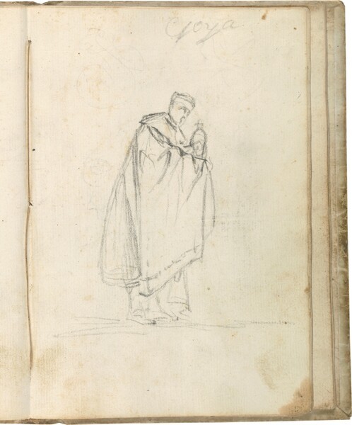 Figura masculina de perfil con manto, portando un píxide o copón