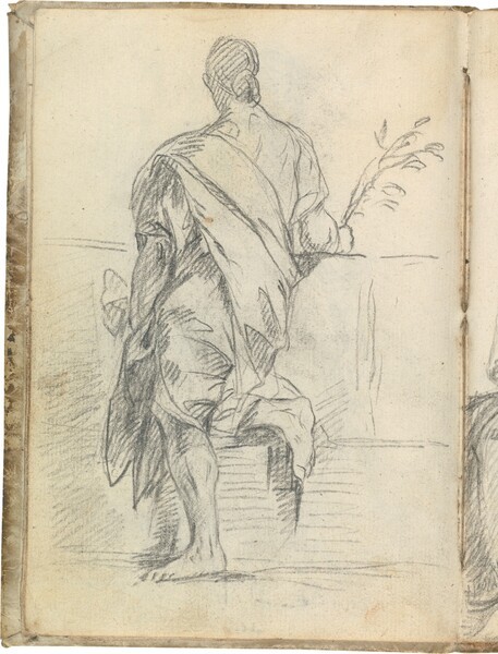 Figura masculina de espaldas, con una rama en la mano derecha y apoyada en un pretil