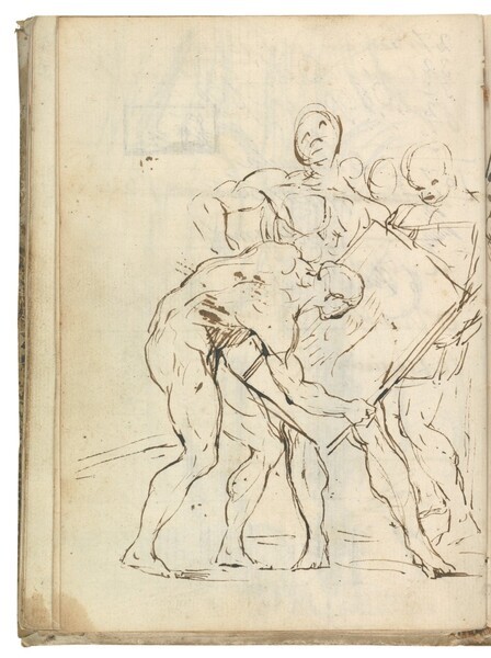 Escena alegórica con desnudos masculinos en una contienda artística