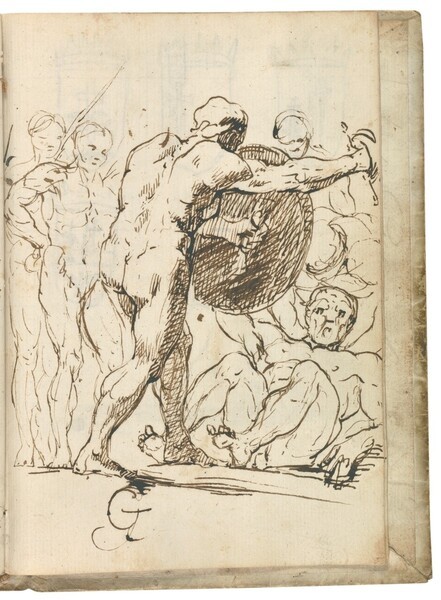 Escena alegórica con desnudos masculinos luchando