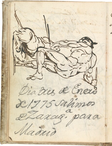 Figura masculina desnuda, de espaldas, luchando con un león