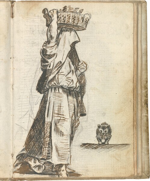 Figura masculina velada, de perfil, con cesto sobre la cabeza. Gato