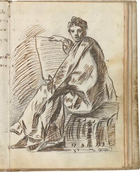 Figura femenina, Sibila (?), sentada sobre una sección de fuste estriado, con manto y sosteniendo un pergamino en sus manos