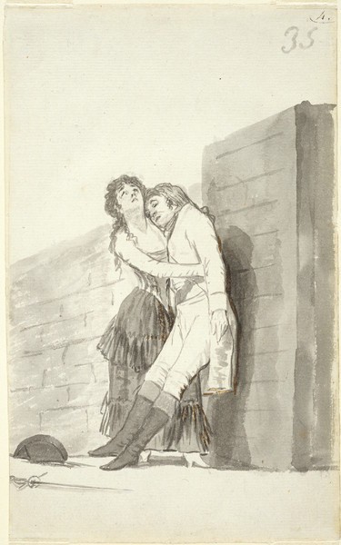Mujer joven sosteniendo a su amante moribundo
