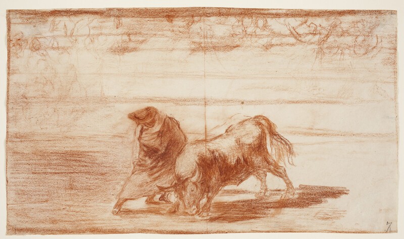 The very skilful student from Falces, wearing a bullfighter's cape, teases the bull with his breaks (preparatory drawing).