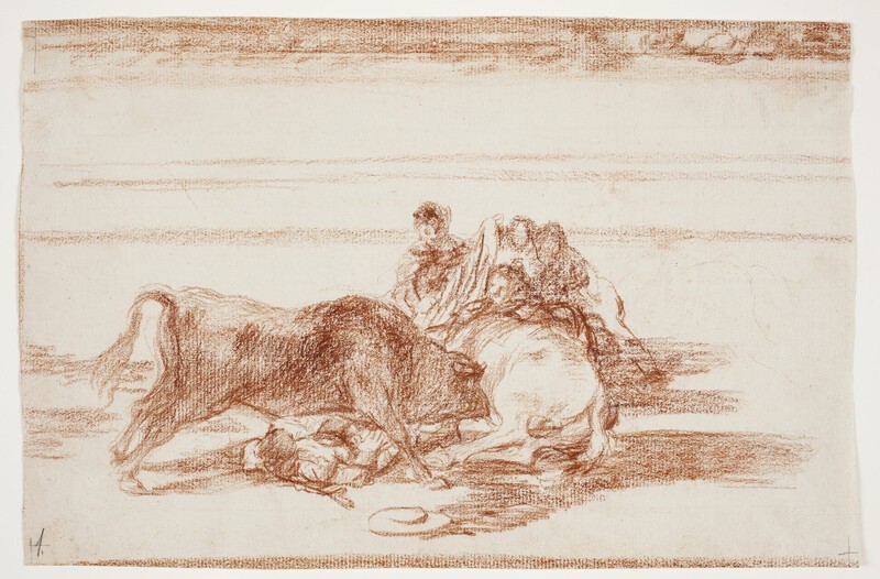 A bullfighter falls from his horse under the bull (preparatory drawing).