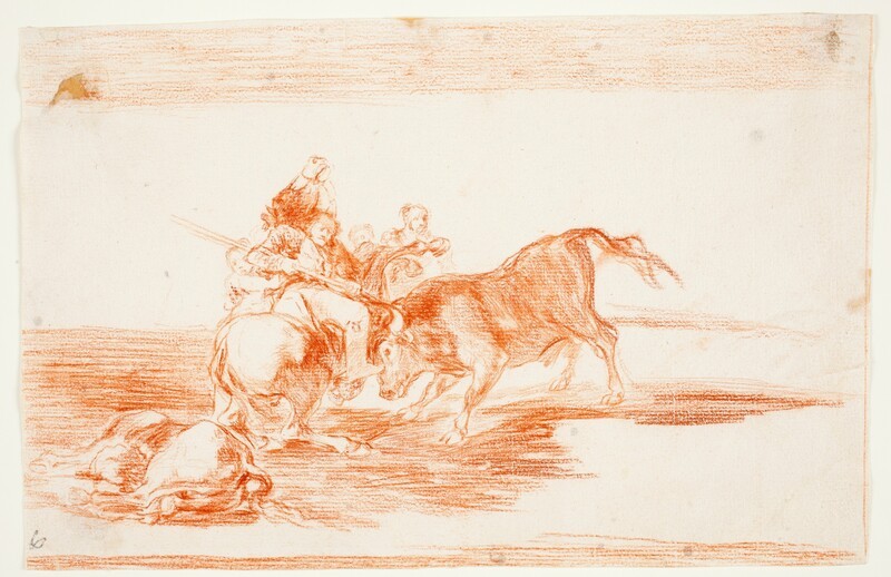 Two groups of bullfighters being run over at once by a single bull (preparatory drawing 1).