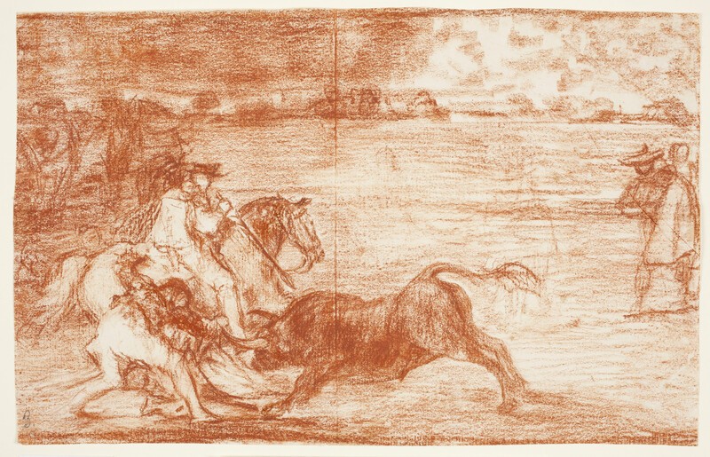 A knight in the bullring breaking a rejoncillo with the help of a pimp (Bullfighting A) (preparatory drawing)