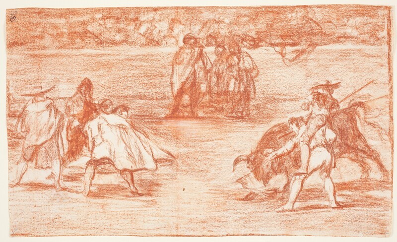 Varilarguero a hombros de un chulo, picando a un toro (Tauromaquia D) (dibujo preparatorio)