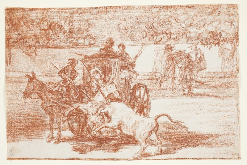 Combat of a harnessed carriage with two mules (Bullfighting G) (preparatory drawing)