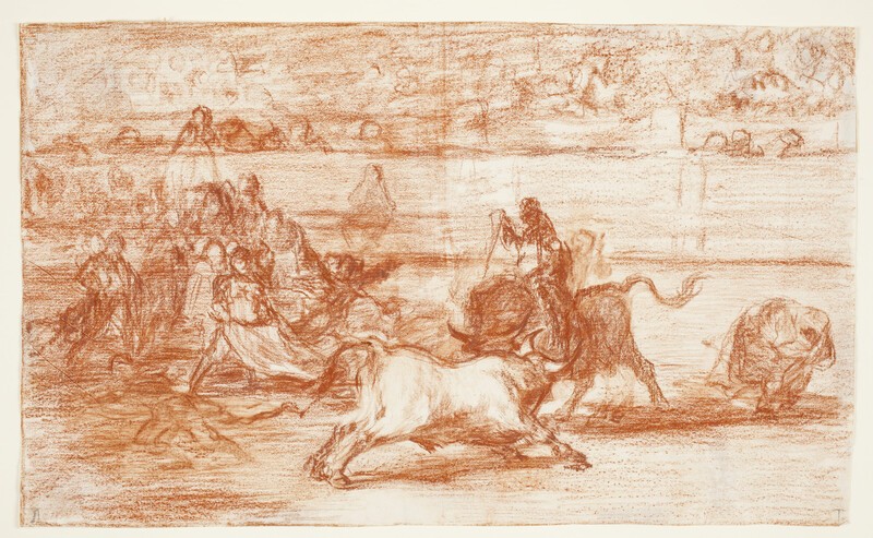 Mariano Ceballos montado sobre un toro poniendo un rejón (Tauromaquia J) (dibujo preparatorio)