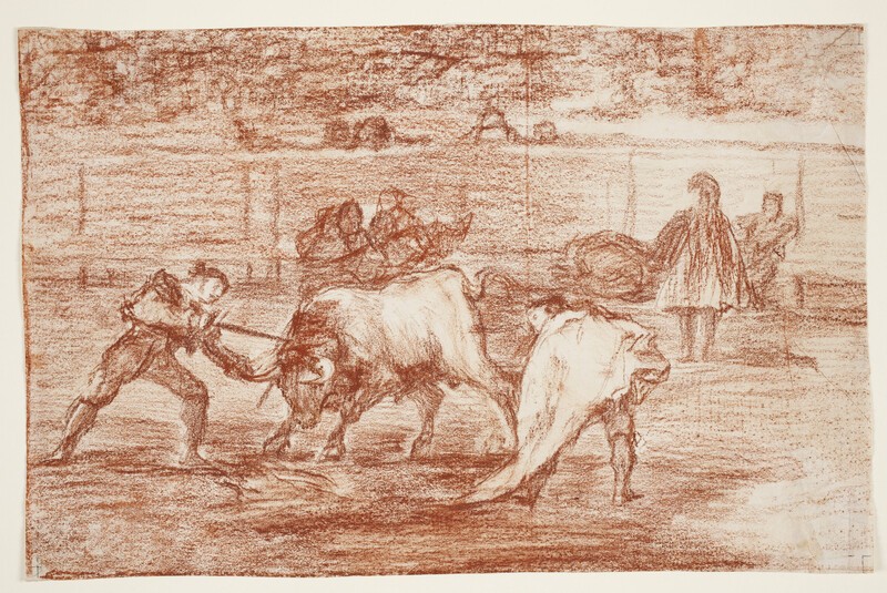 A bullfighter plunges the rapier by grabbing the bull by a horn (Bullfighting L) (preparatory drawing)