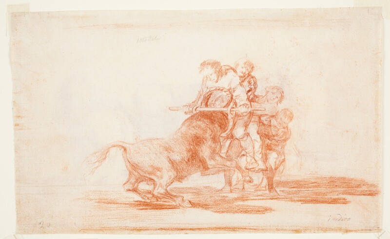 Cuatro personajes aguantan la embestida de un toro utilizando un cesto (dibujo preparatorio)