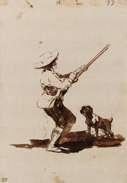 Cazador cargando su escopeta acompañado de su perro (F.99)
