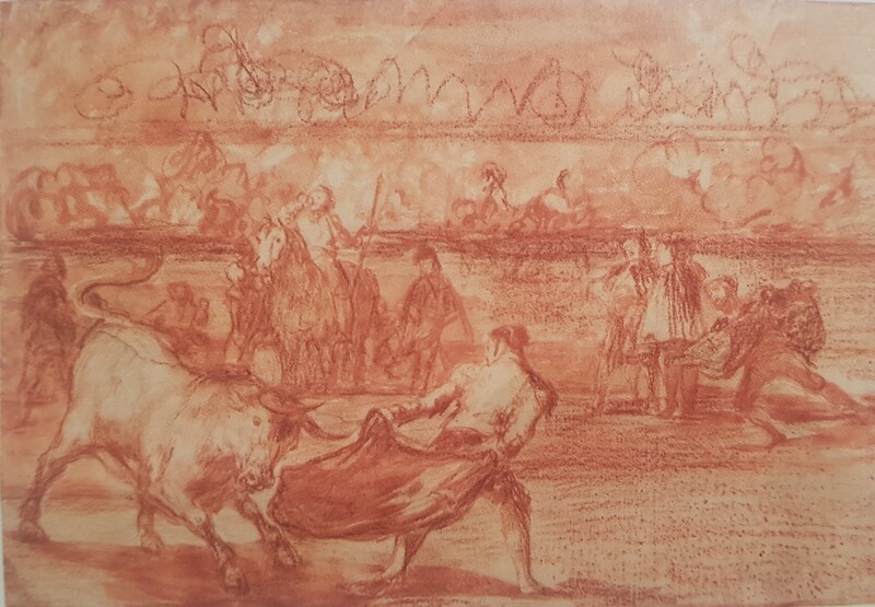 Un diestro toreando de frente por detrás (Tauromaquia K) (dibujo preparatorio)