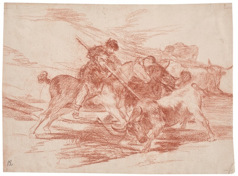 Modo como los antiguos españoles cazaban los toros a caballo en el campo (dibujo preparatorio)