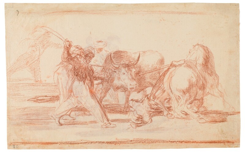 Los moros establecidos en España, prescindiendo de las supersticiones de su Alcorán, adoptaron esta caza y arte, y lancean un toro en el campo (dibujo preparatorio)